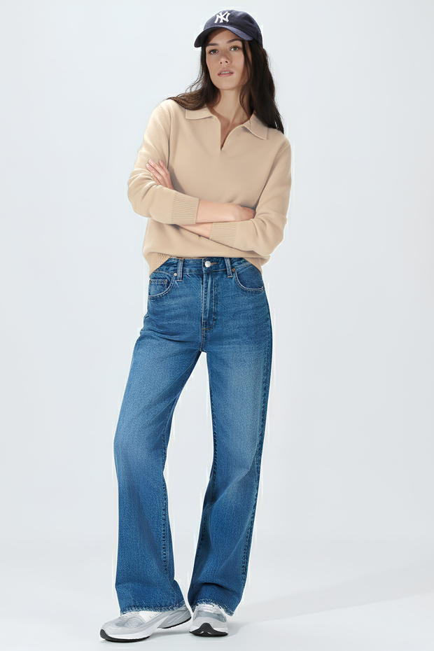 EazyStudio+ Kadın Bej Basic Polo Yaka Triko Kazak - 2