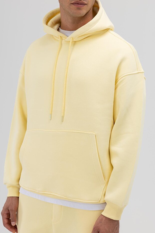 Basic Oversize Kapüşonlu Sweatshirt Sarı - 4