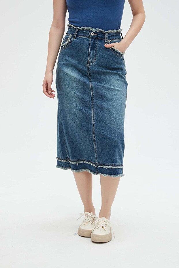 Solid Midi Skirt with Pockets - 6