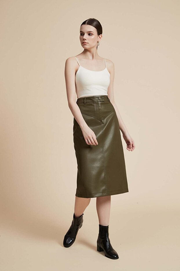 تنورة جلدية سادة بطول الركبة - 4