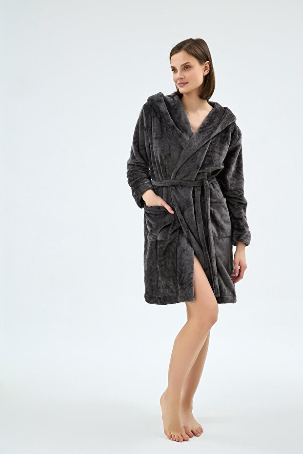 Women's Hooded Ear Detailed Pocketed Belted Black Dressing Gown C4T1N071