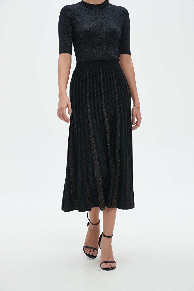 Solid Midi Skirt with Pleats - 1