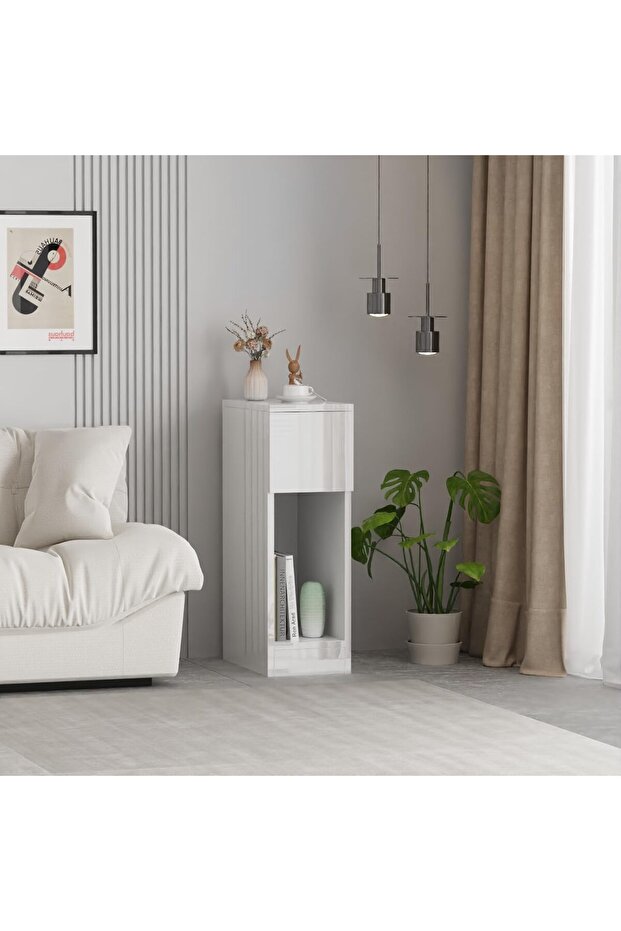 Slim Wood Bedside Table – Bedroom Nightstand with Shelf & Drawer