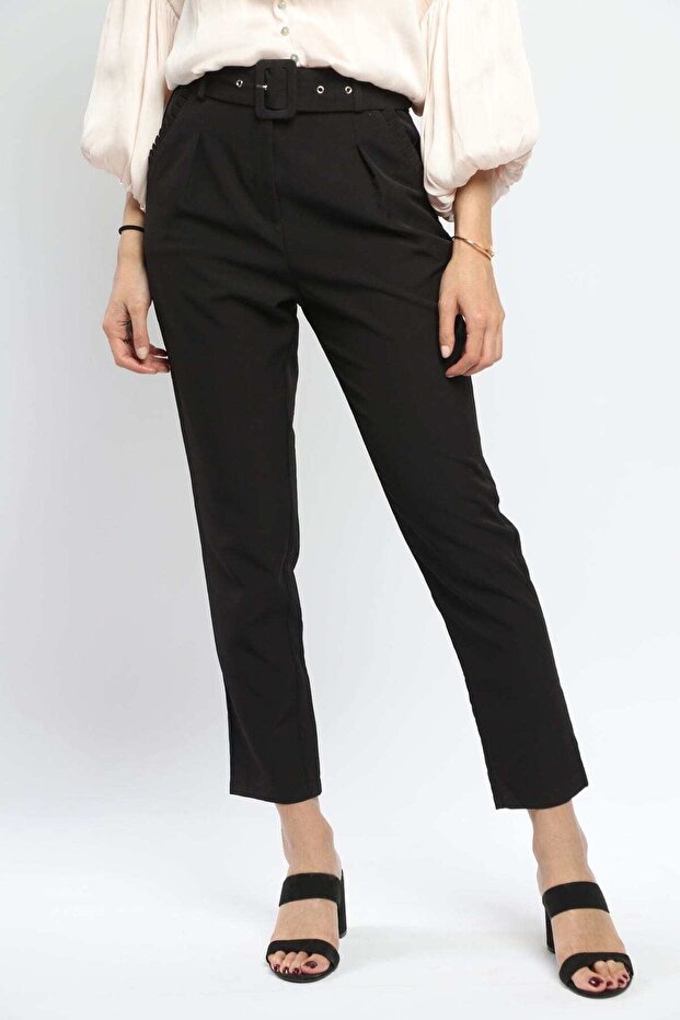 بنطال كلاسيكي سادة مع حزام طويل - 1