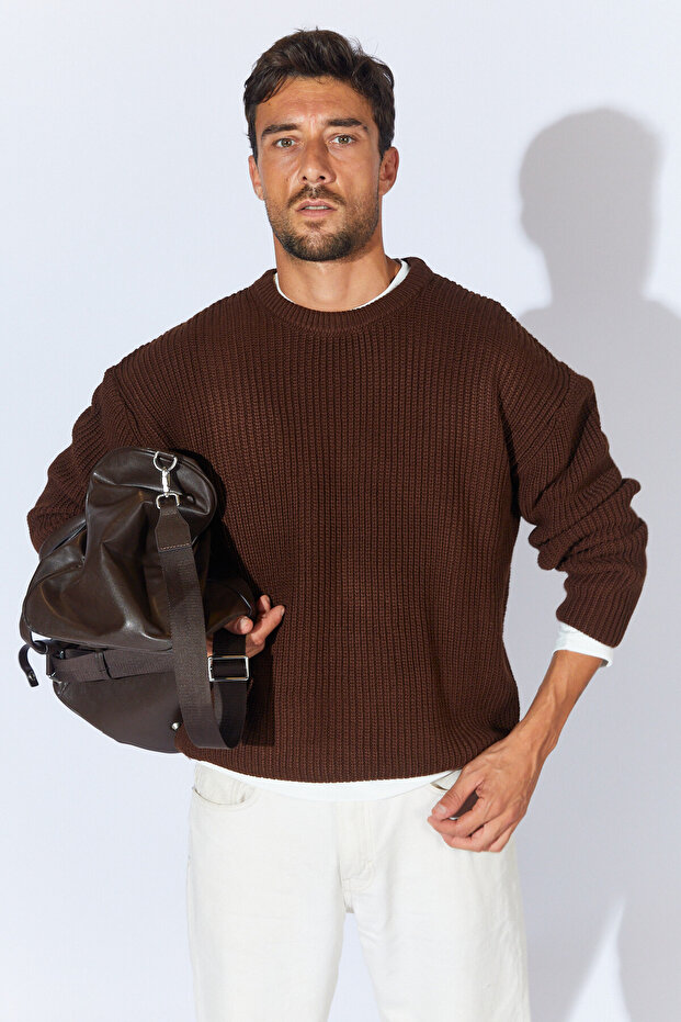 Bisiklet Yaka Oversize Basic Kazak - Kahve | MEW515256-01 - 3