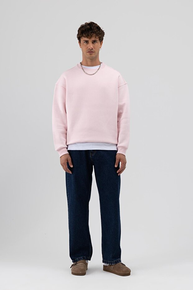 Basic Bisiklet Yaka Oversize Sweatshirt Pembe - 1