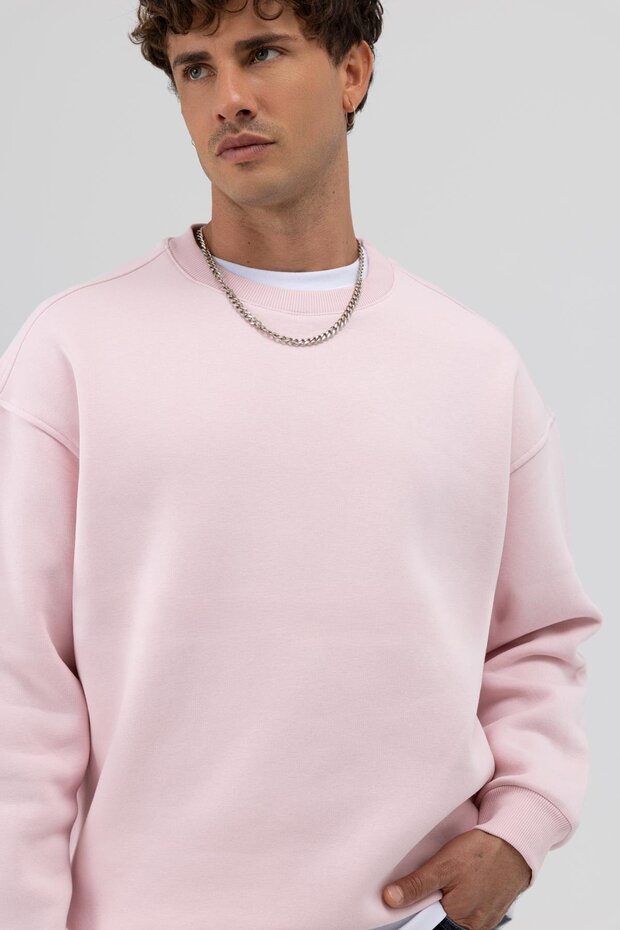 Basic Bisiklet Yaka Oversize Sweatshirt Pembe - 2