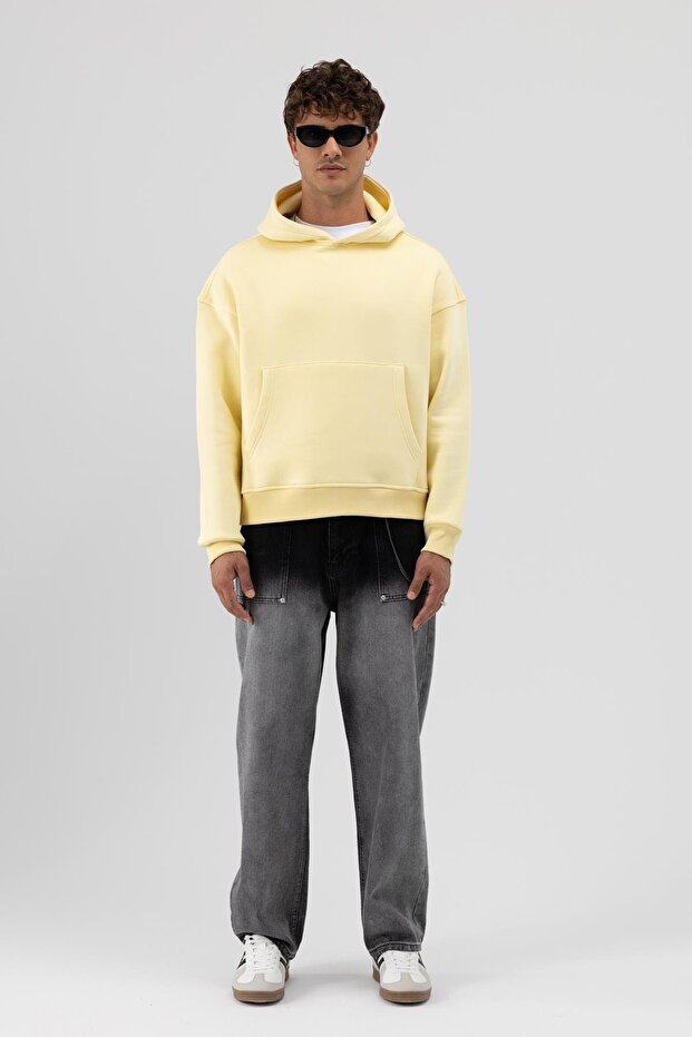 Basic Kapüşonlu Boxy Fit Sweatshirt Sarı - 2