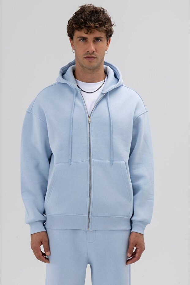 Zippered Baby Blue Premium Unisex Oversize Hoodie Hooded Sweatshirt