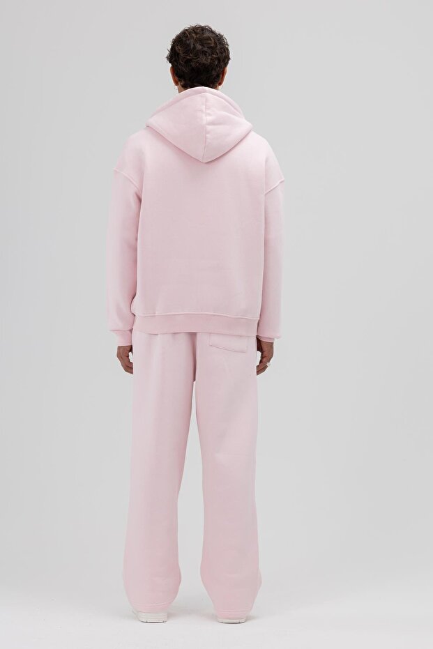 Basic Fermuarlı Oversize Kapüşonlu Sweatshirt Pembe - 2