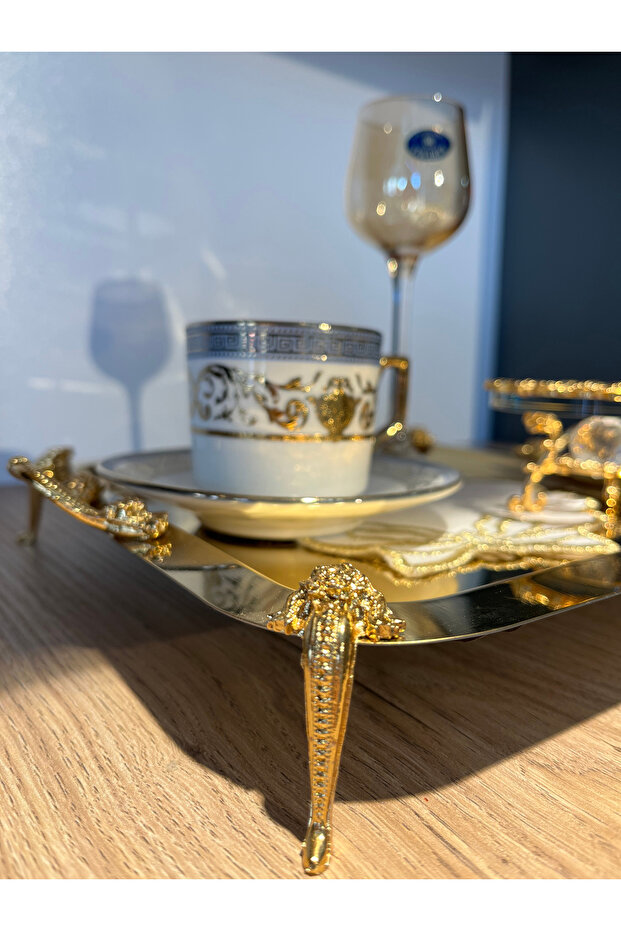 6-Piece Gold Detailled Footed Gold Tea and Coffee Presentation Tray