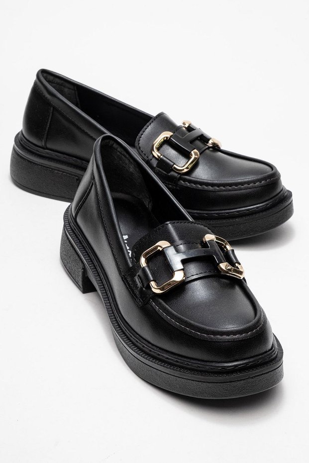 Women's Square Buckle Loafer Shoes Black Skin