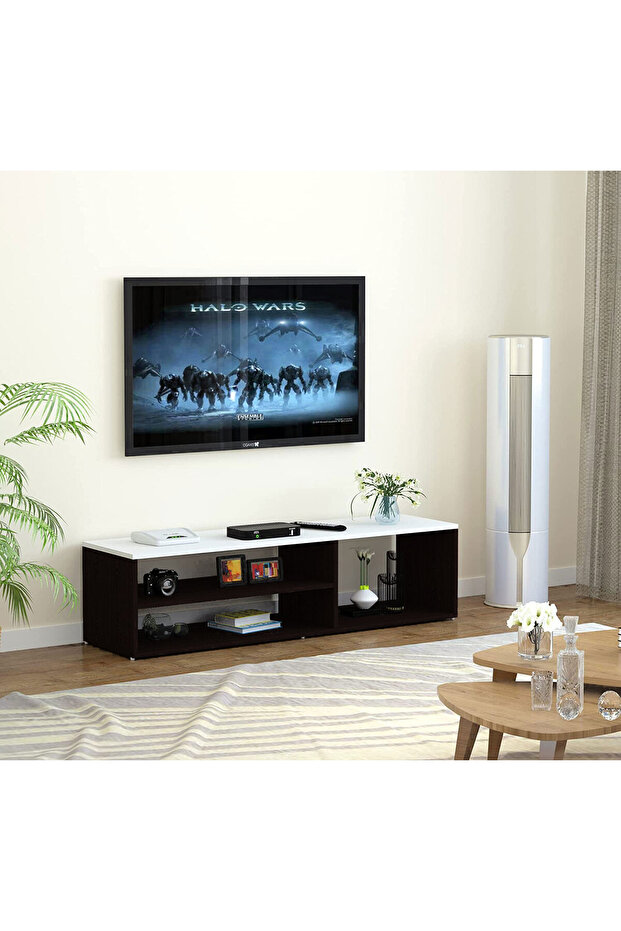 TV Unit – Modern Design with 1 Side Cabinet & 2 Storage Racks, 130 cm Black & White