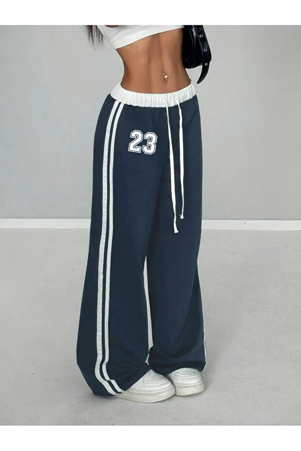 23 Number Oversize Navy Blue Baggy Sweatpants with Waist Drawstring Detail