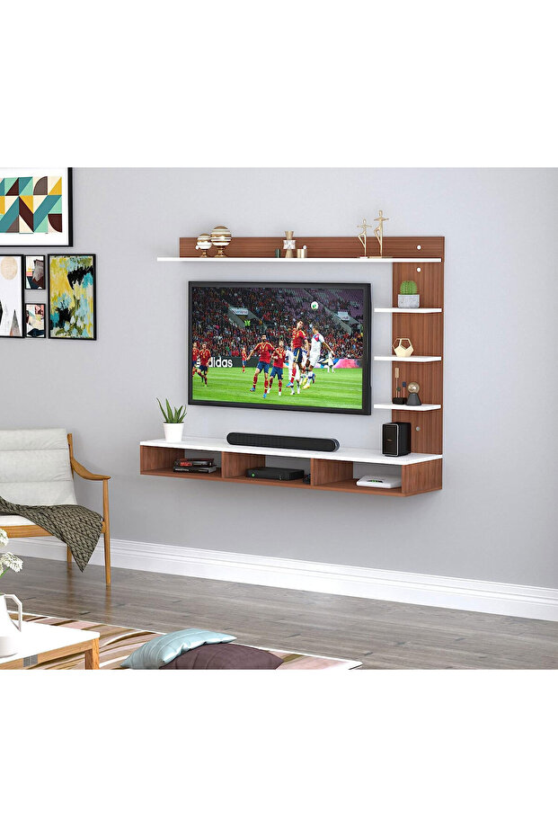 Wood Wall-Mounted TV Unit – White & Brown with Side & Top Shelves for TVs 160 cm