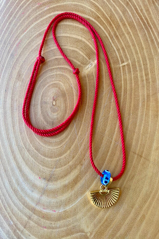 Gold Fan, Blue Glass Bead Red Auger Rope Necklace