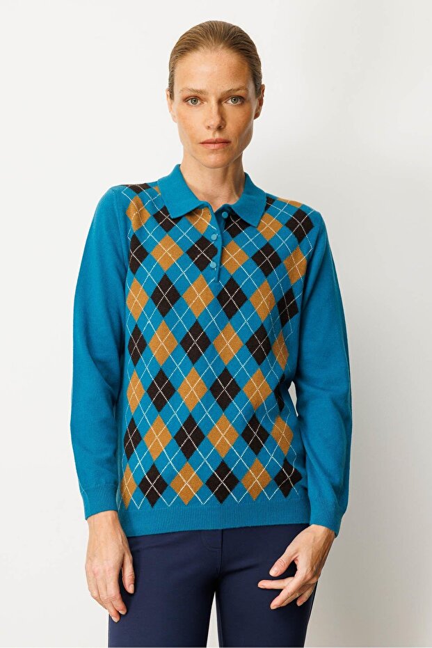 Women's Polo Neck Front Checkered Wool Sweater A.Petrol