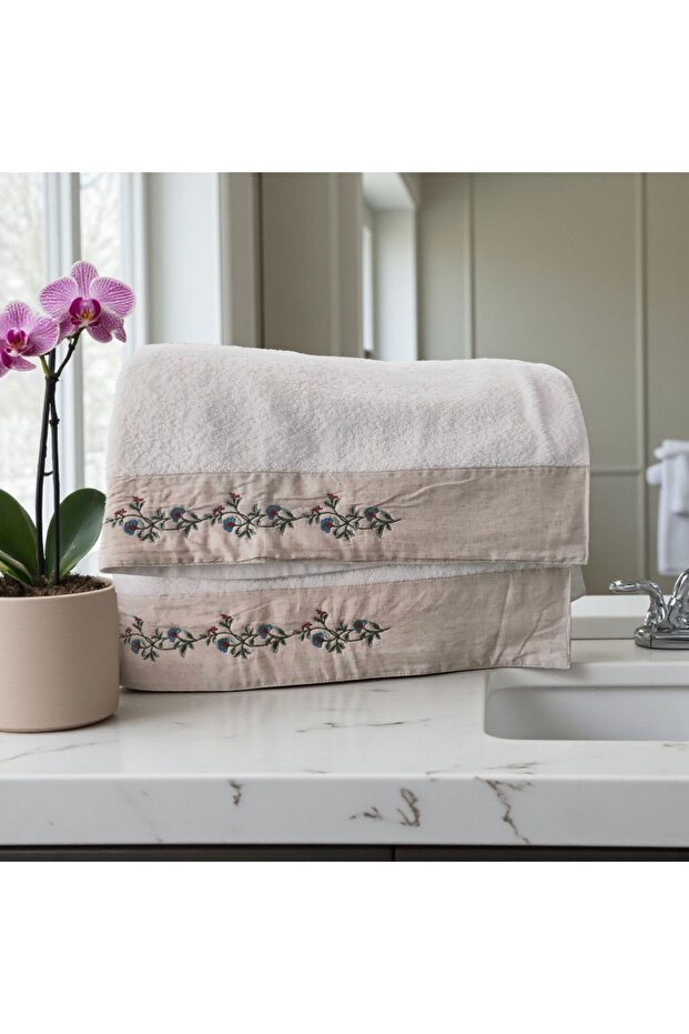 100% Cotton Very Stylish Bath Towel with Cream Color Embroidery