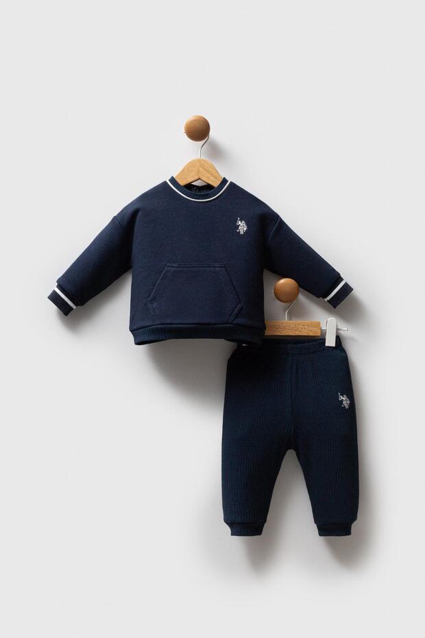 Baby Boy Round Neck 3 Thread Fabric Long Sleeve Top and Bottom Set
