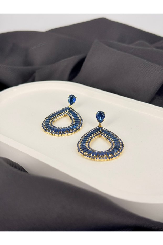 Stylish Evening Dress Earrings with Blue Drop Zircon Stone