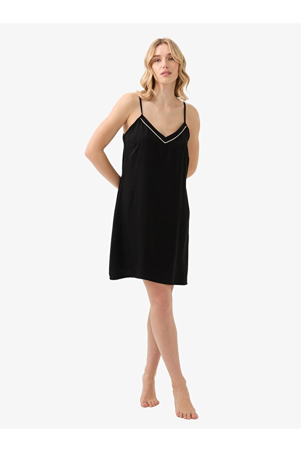 Black Thin Strap Women's Nightdress – V-Neck, Mini Length C9T0N915