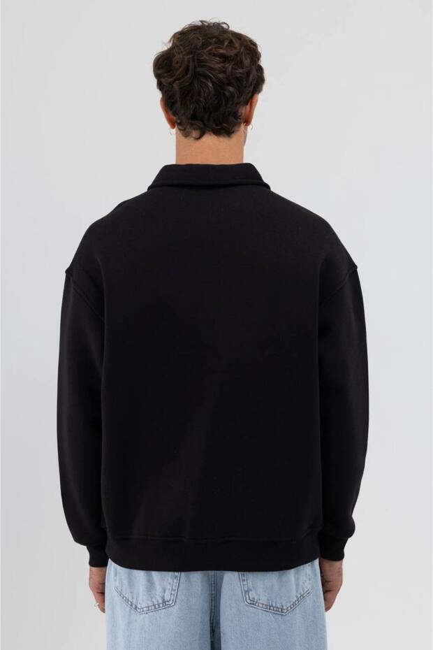 Düğmeli Siyah Premium Oversize Unisex Sweatshirt - 4