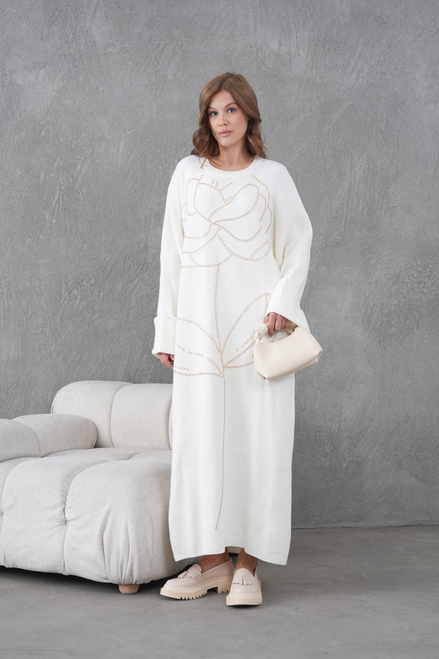 Women's Front Beaded Wide Fit Long Knitwear Dress