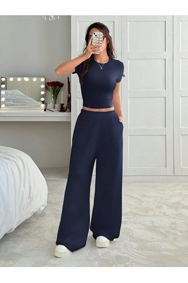 Navy Blue Women's Baggy Sweatpants Plus Size Sportswear Loose Fit Comfortable Fabric