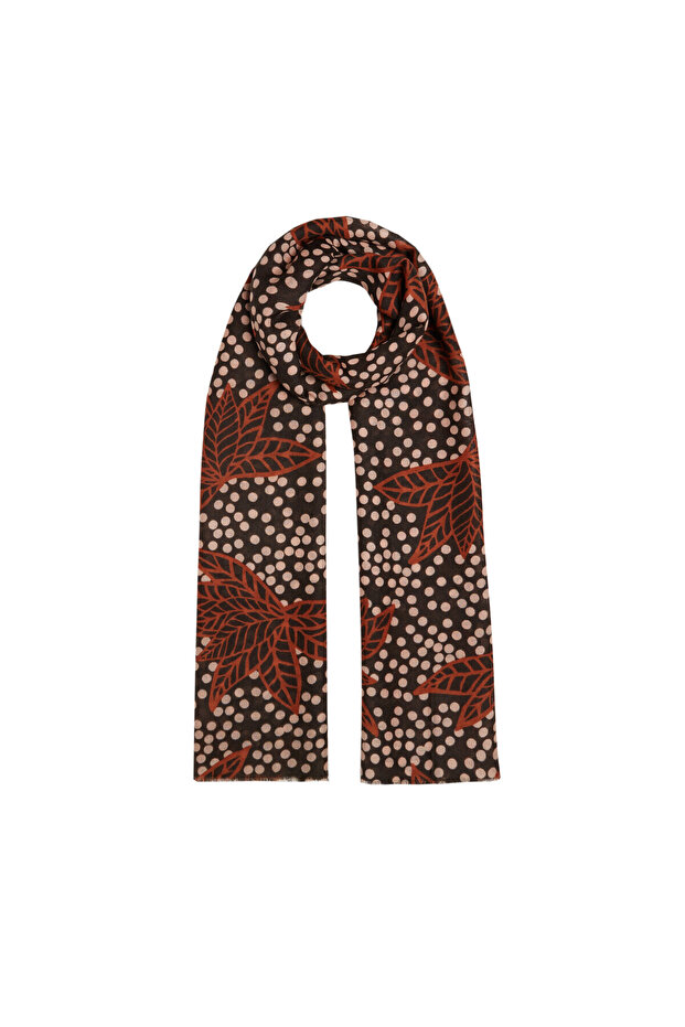 Coffee Polka Leaf Patterned Wool Silk Shawl - 3