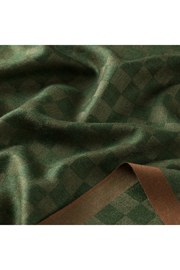 Pine Green Checker Pattern Wool Silk Shawl - 4