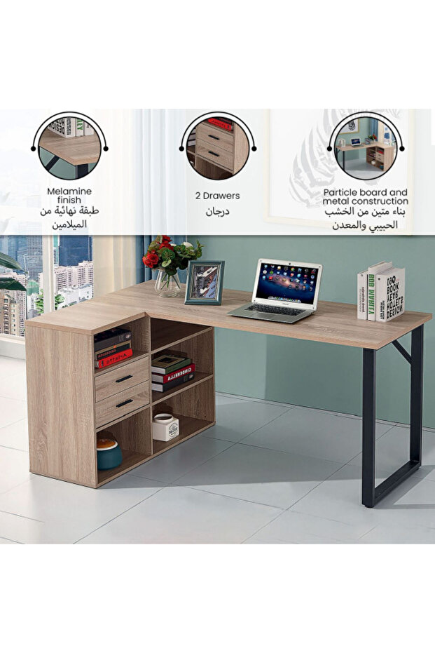 Epsom 5-Tier Shelf and 2-Drawer Metal Frame Particle Board L-Shaped Computer Desk - 4