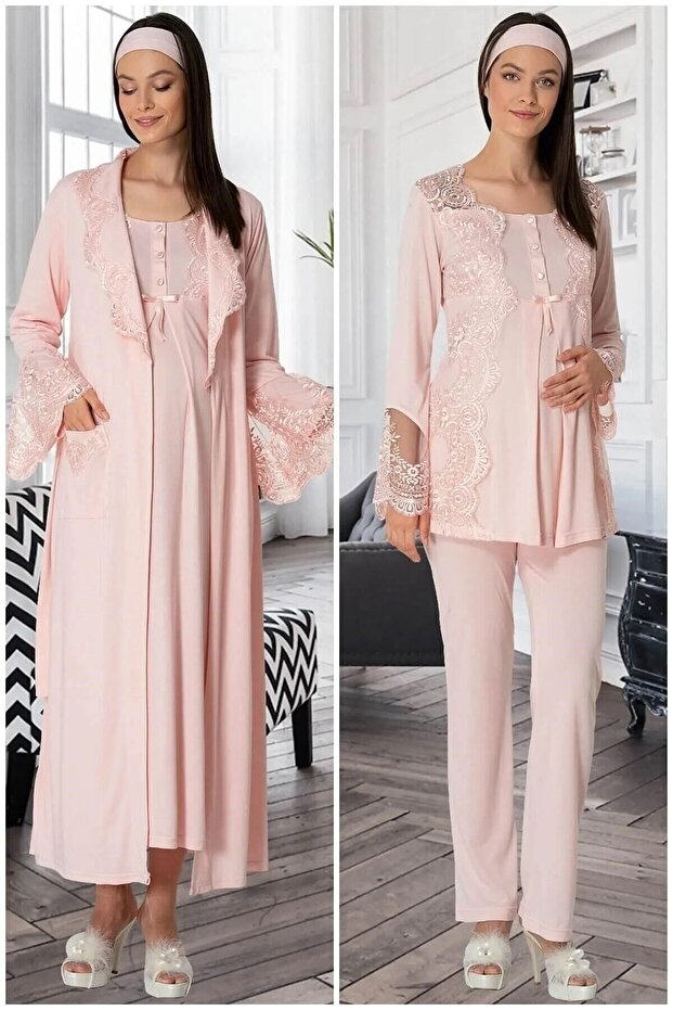 Maternity Dressing Pajamas Nightgown 4-Piece Set 75% Cotton, 25% Viscose Hair Band is a Gift