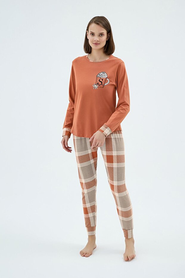 Women's Long Sleeve Orange Top Plaid Bottom Pajama Set C9T9N951