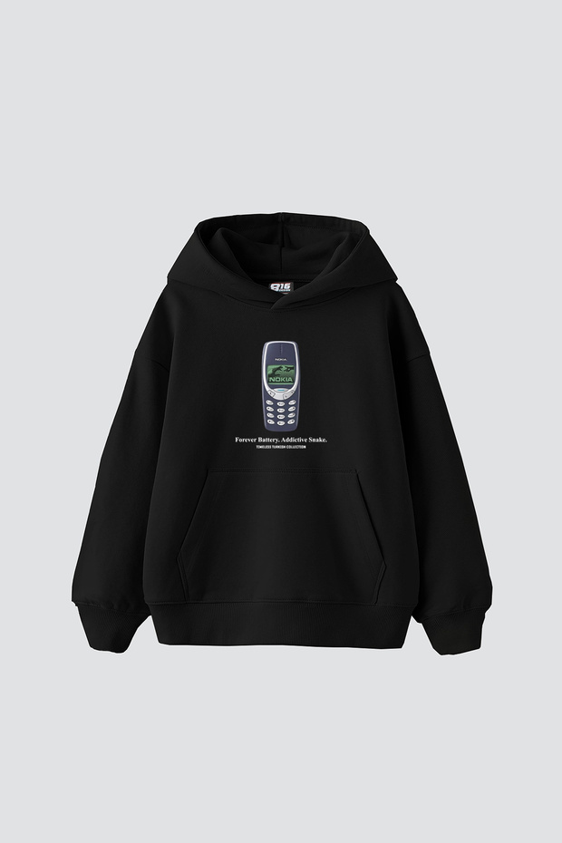Forever Battery Printed Oversize Unisex Black Hoodie