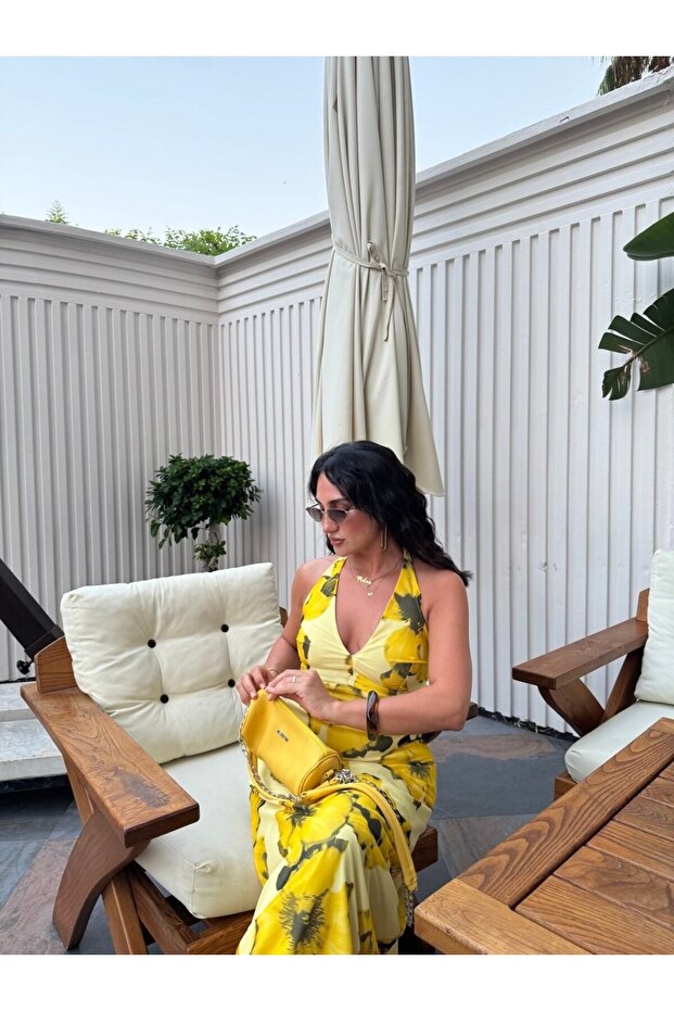 KADIN SARI ÇİÇEK DETAYLI MAXİ ELBİSE - 3