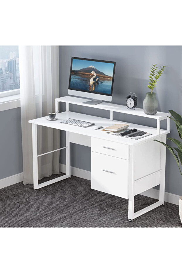 Durable Computer Table with Monitor Shelf and Drawers - 1