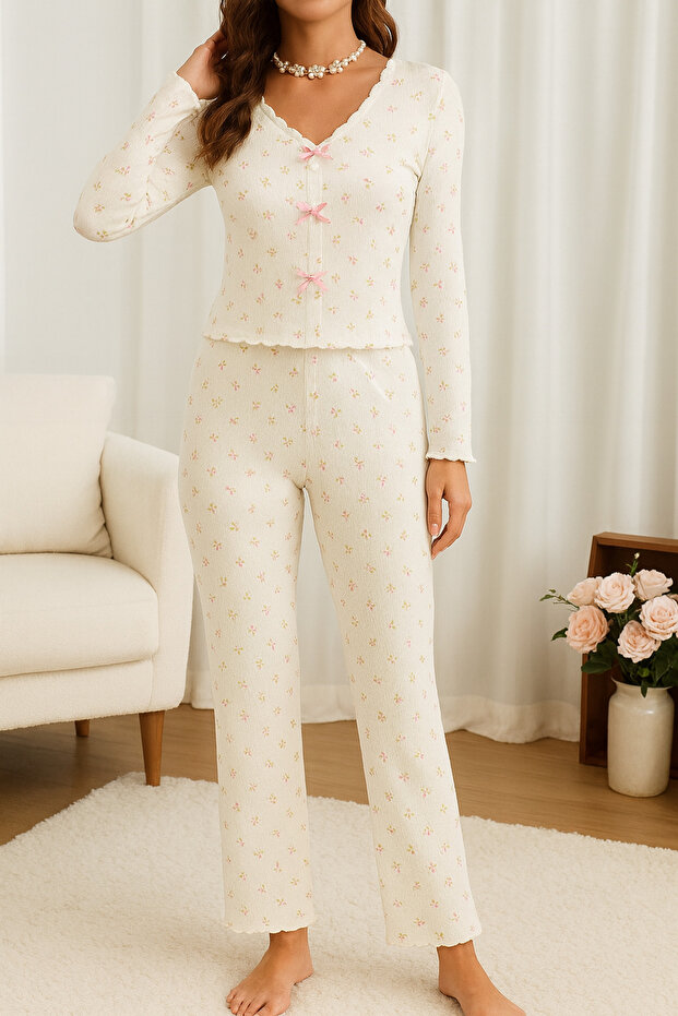 Özel Örme Kumaş Baskılı Uzun Kollu Pijama Takımı - 2