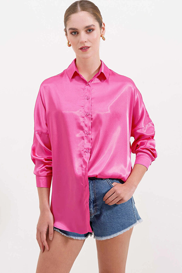Women's Fuchsia Oversize Flowy Satin Surface Shirt Hzl23S-Bd139851