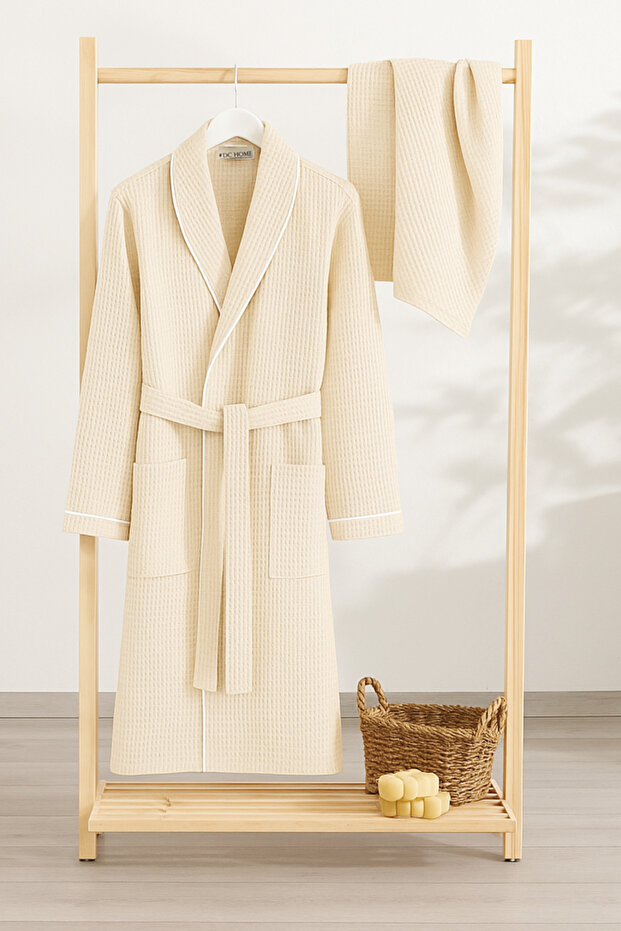Beige Pike Soho Bathrobe Set - Unisex Bathrobe and Towel - Cotton 60X100Cm Towel