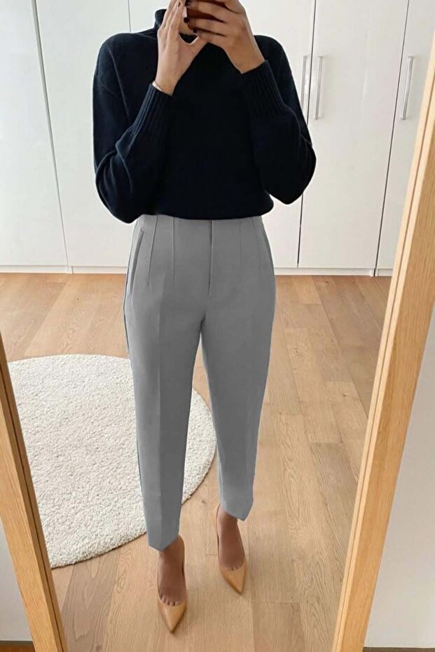 Gray Front Pleated High Waist Women's Trousers Mg2425