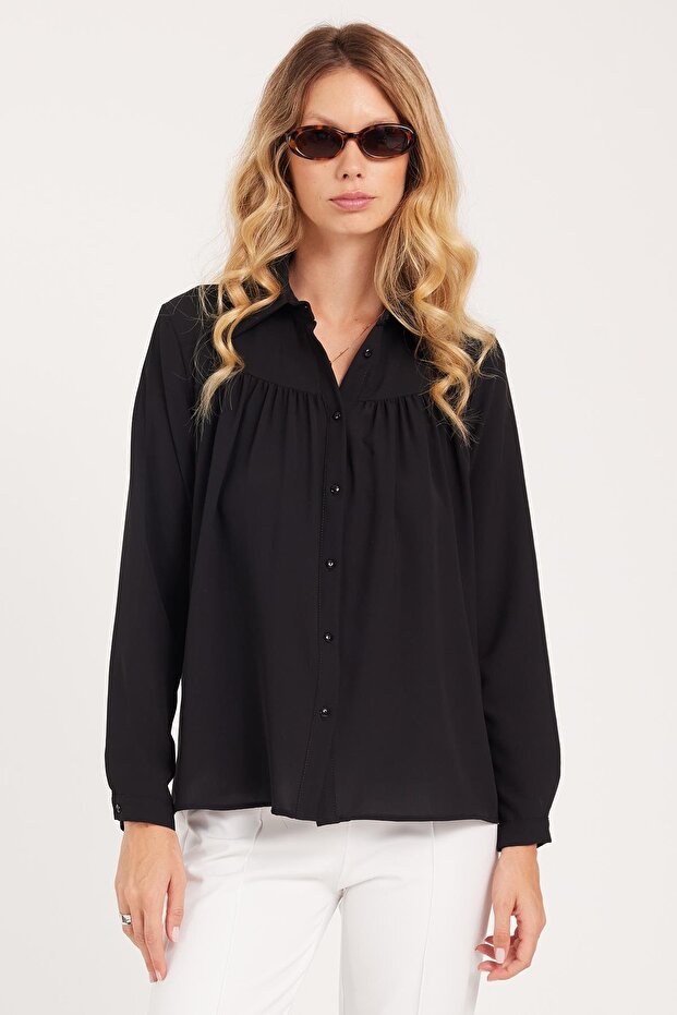 Women's Standard Fit Regular Cut Pleated Pointed Collar Black Shirt