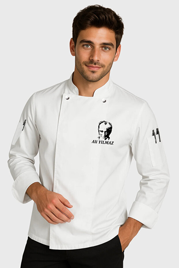 Atatürk Embroidered White Chef Jacket Models with Name Gift Chef Jackets Cook Uniform Cook Shirt
