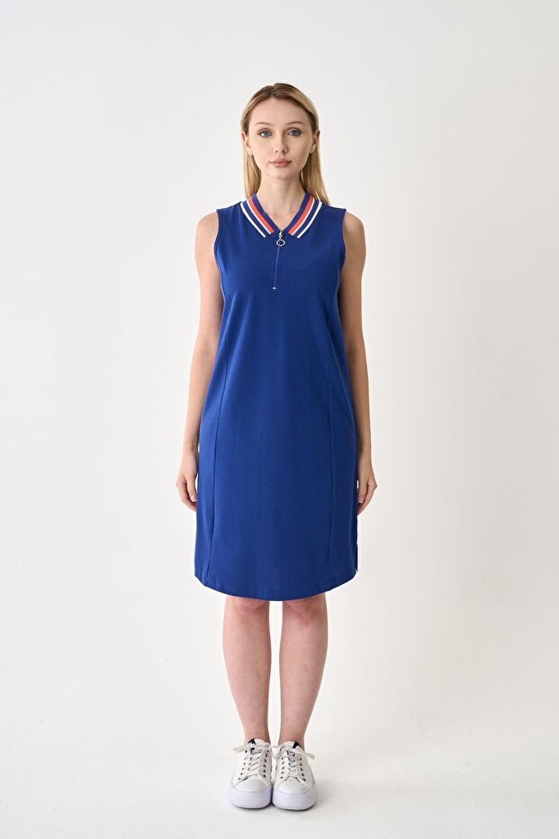Women's Zippered Cobalt Blue Pique Dress