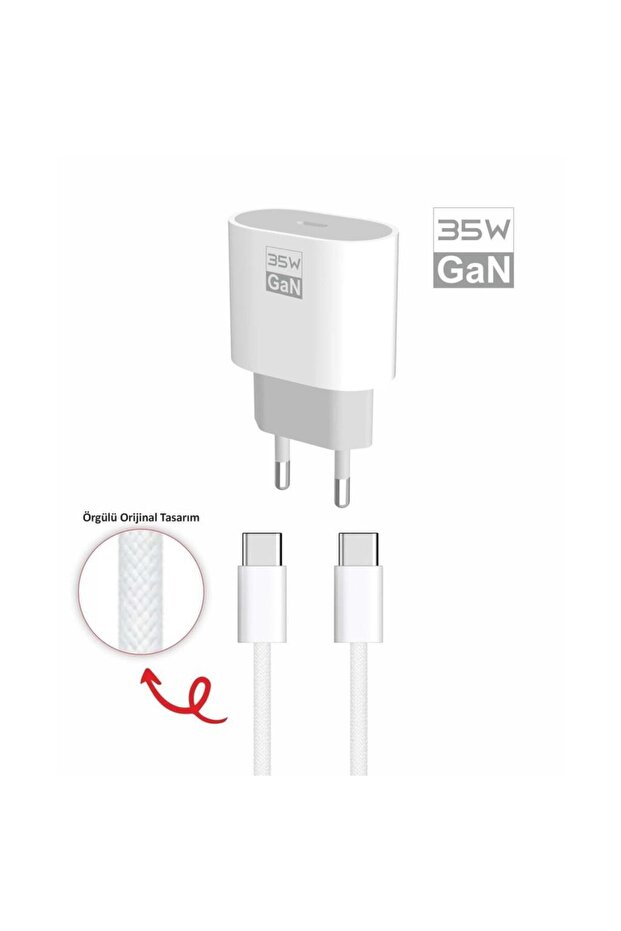 35 watt GaN Type-C Çıkışlı Hızlı Şarj Başlık Adaptör + 1m Type-C to Type-C Hızlı Şarj K - 1