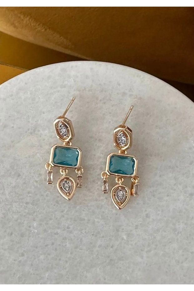Gold Detailed Blue Colored Zircon Stone Brand Model Earrings