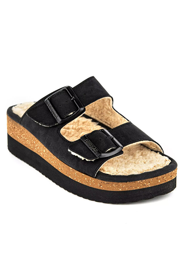 Bellatrix – Winter-Ready Black Buckle Orthopedic Furry Slippers