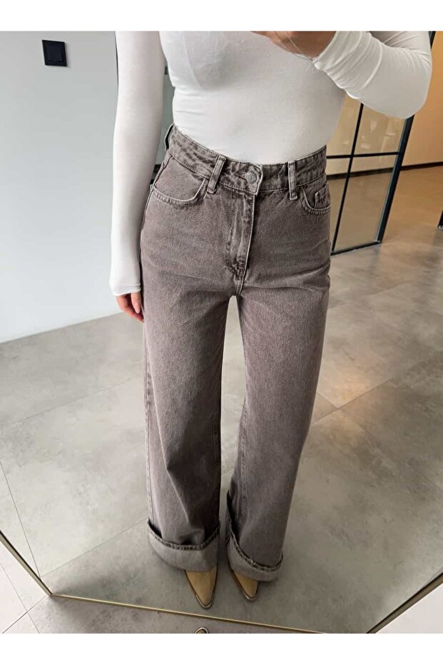 High Waist Wide Leg Brown Washed Jeans