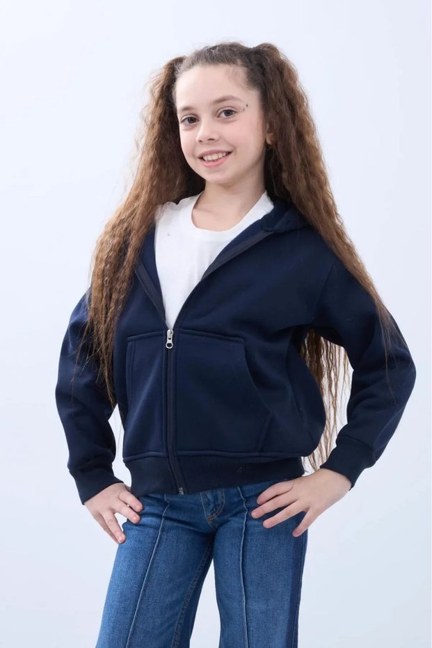 Navy Blue 100% Organic Cotton Girls' Sweatshirt Cardigan with 3-Layer Fleece, Hood, Zipper, and Kangaroo Pocket