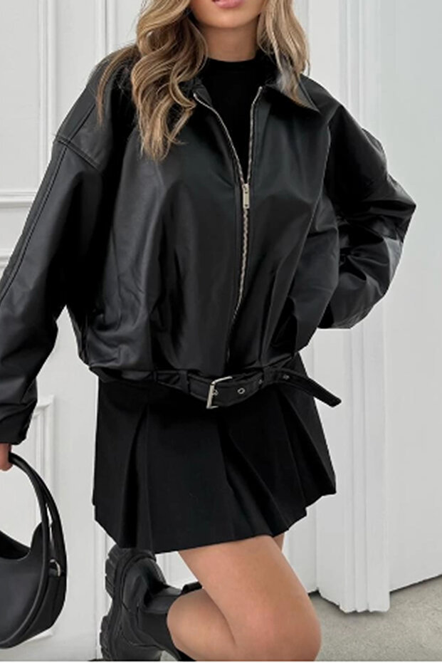 Luvren Black Street Style Belted Bomber Zr Leather Jacket