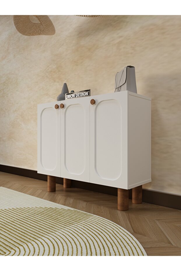 Boho 4 Raflı 3 Kapaklı Ayakkabılık Çok Amaçlı Dolap Konsol Ayaklı Dekoratif Kapak - 1